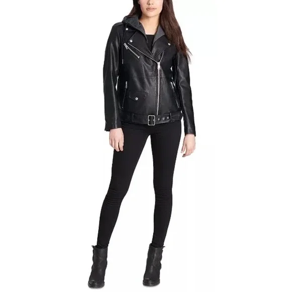 Levi Strauss & Co. Black Faux Leather Moto Jacket Gray Hoodie Womens Medium NEW - Picture 11 of 16